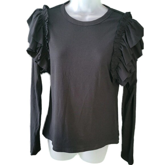Crewneck Layer Ruffle Shoulder Ribbed Long Sleeve Top Sz XL - Picture 3 of 8
